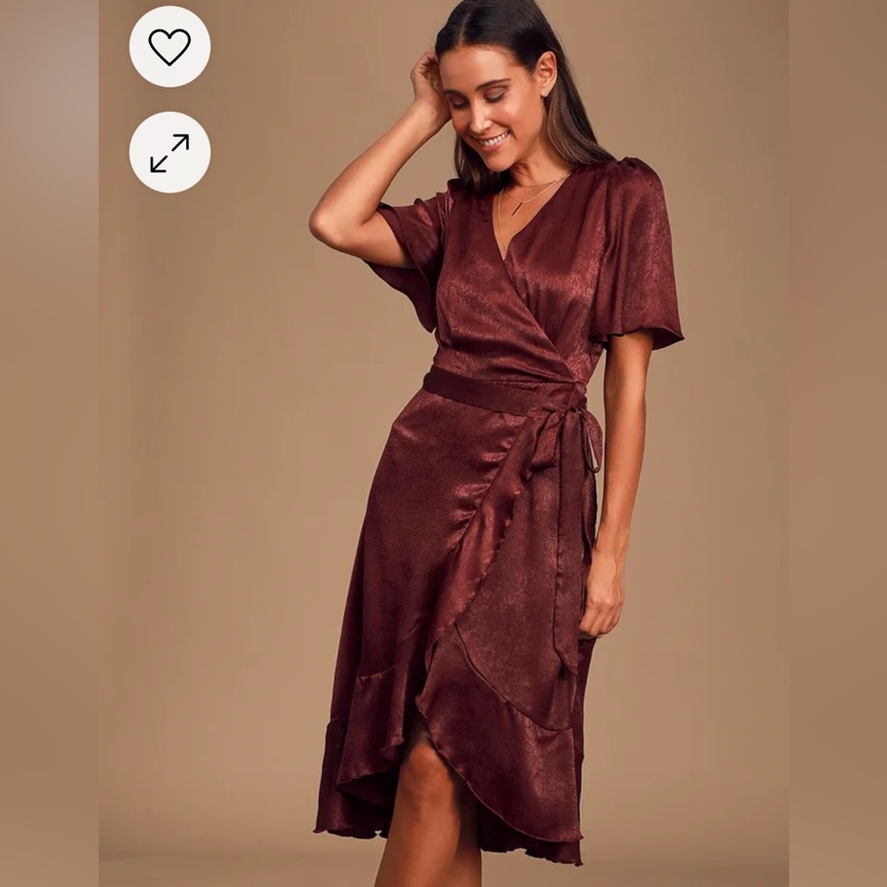 LuLu’s Wrapped Up In Love Burgundy Satin Faux-Wrap Midi Dress